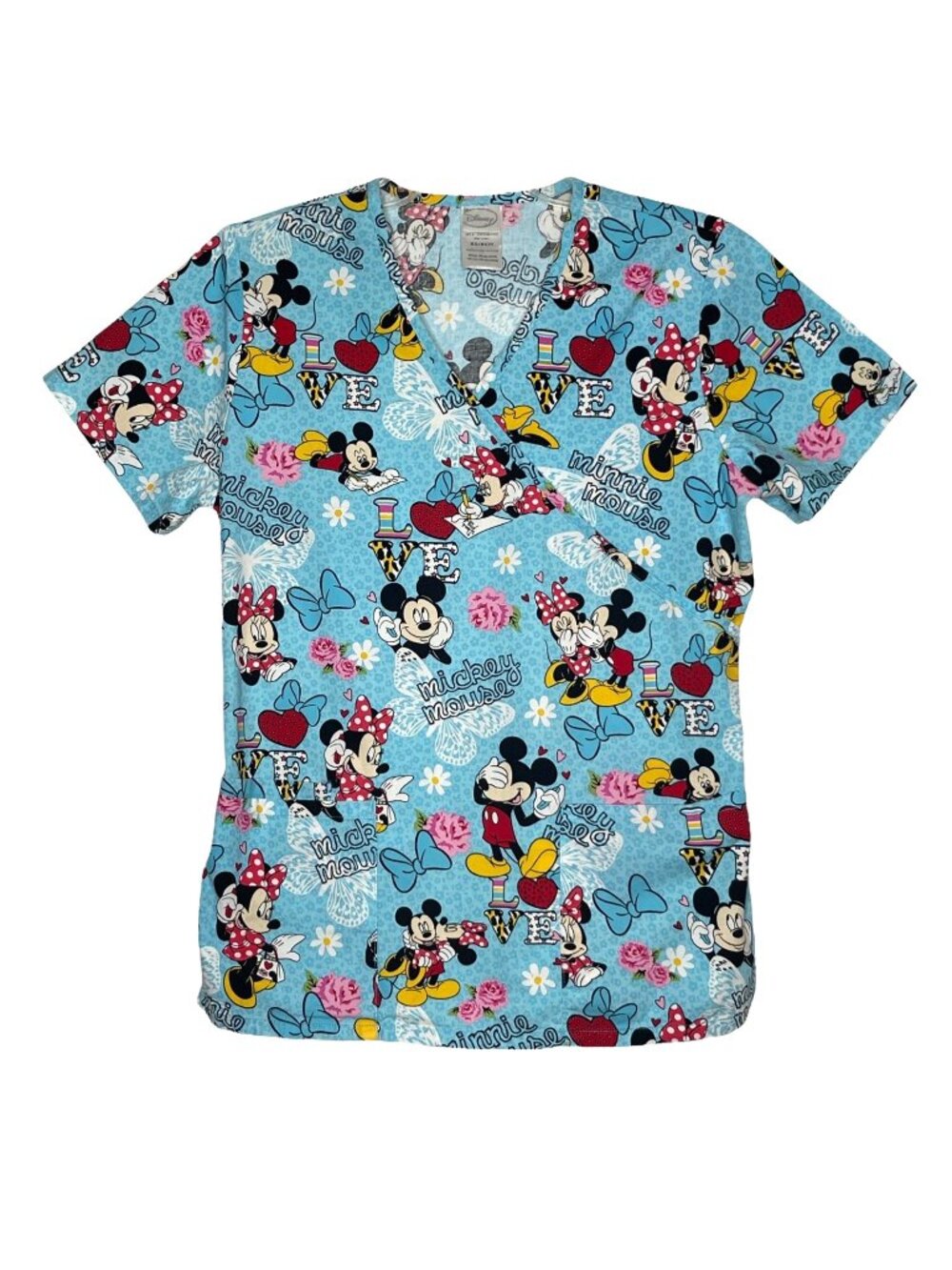 Disney Women's Scrubs Top Mickey & Minnie Call Me Mickey Blue Sz XS